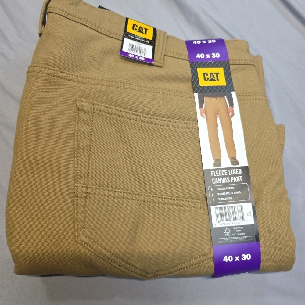 CAT Men's Straight Leg Fleece Lined Stretch Canvas Work Pants 40 x 30 Tan NWT